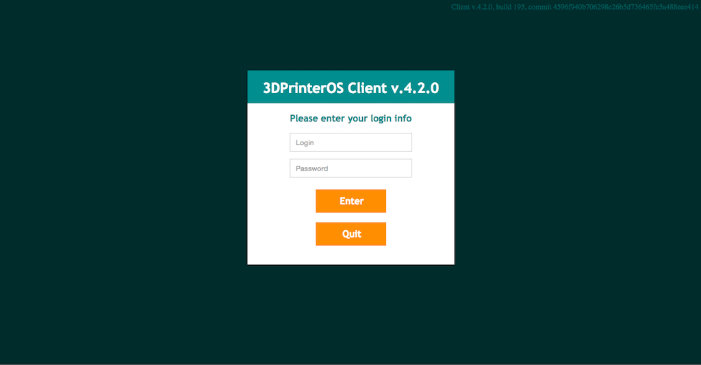 After you open the 3DPrinterOS application on your computer you will see a this dialog box open in your browser. Here you will enter you user name and password for 3DPrinterOS